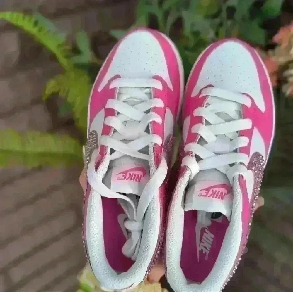 Swarovski Nike Dunk Low Pink Girls Youth Sneakers Shoes made with Clear C…